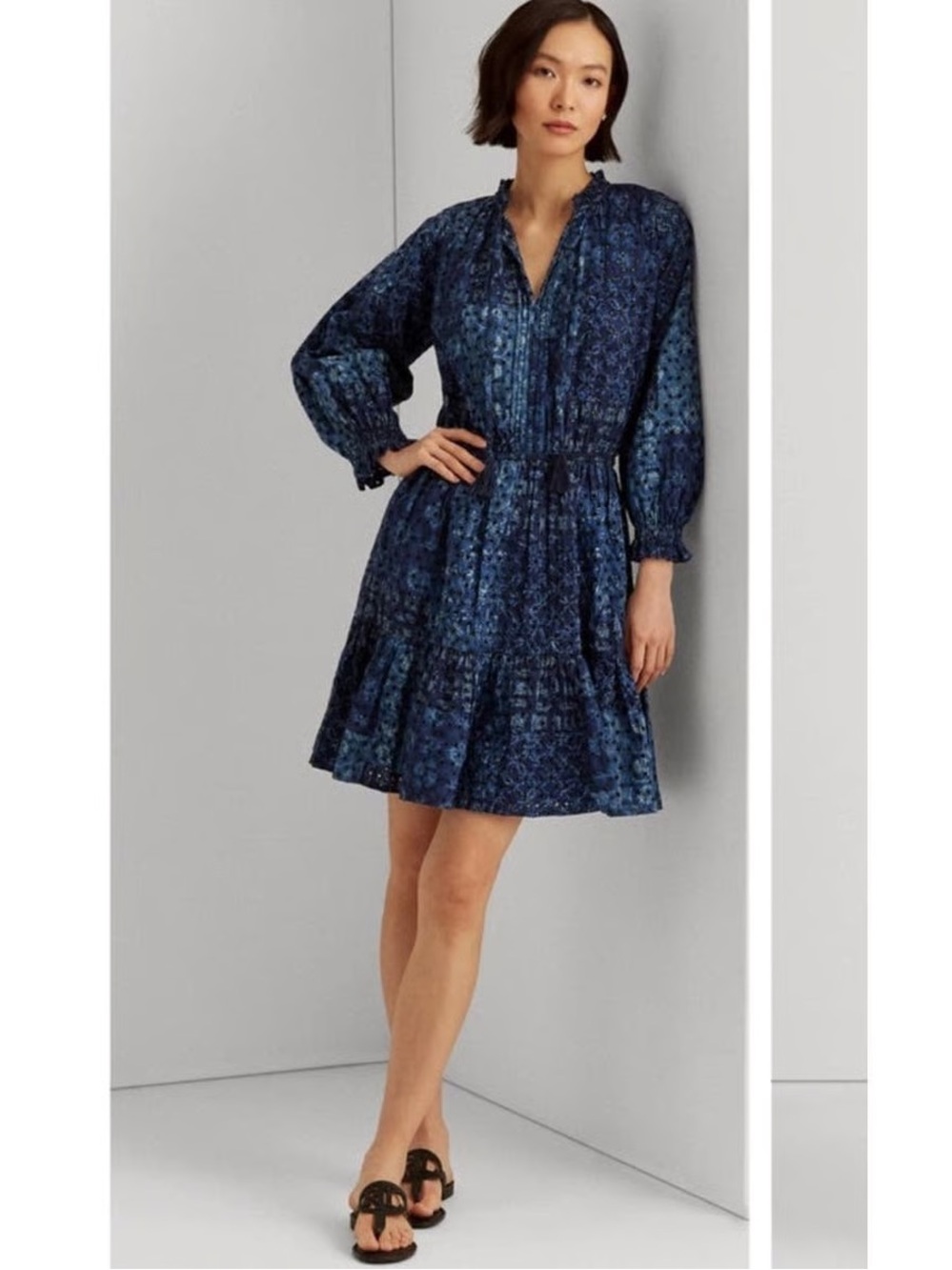 Ralph Lauren Blue Eyelet Long-Sleeve Tiered Dress
